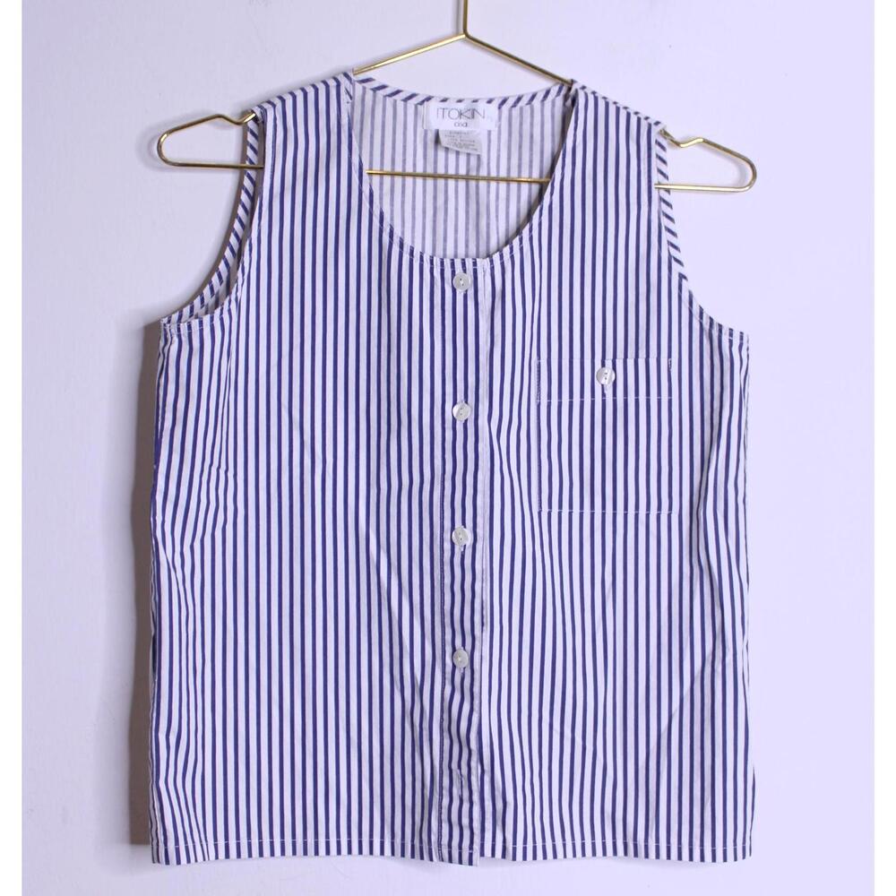 VTG Blue White Stripe Sleeveless Button Down Cotton Blouse - Small